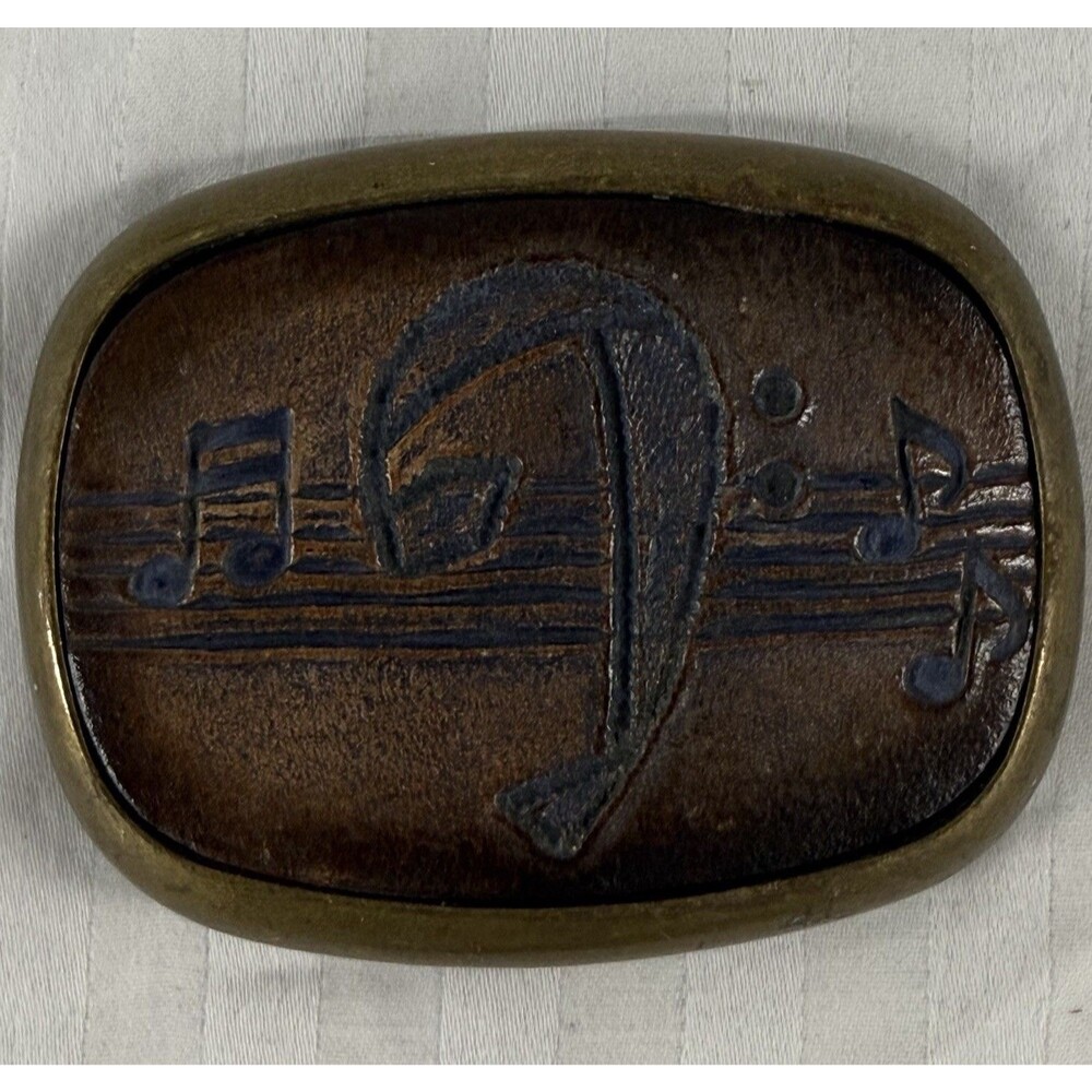 Music Note Bass Clef Belt Buckle Brass Tone Wood Tone Retro Vintage Vibes